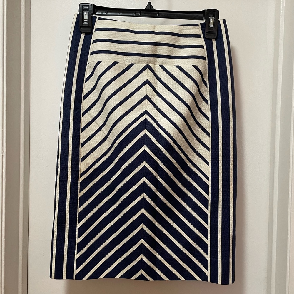 J Crew Quilted Chevron Navy & White Midi Skirt
